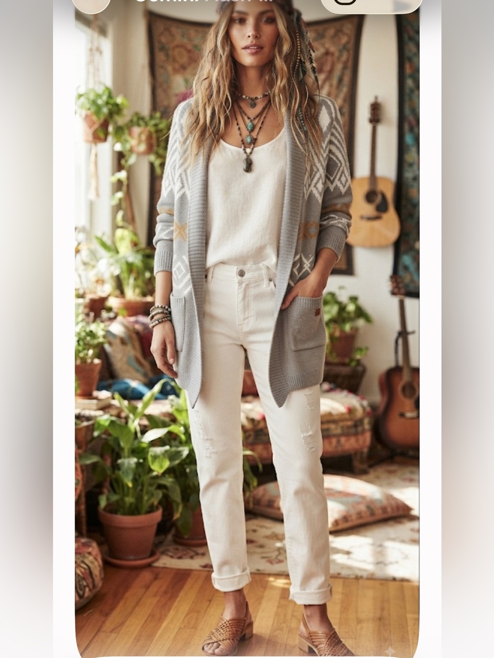 Roxy Boho Southwestern Aztec Knit Open Front Cardigan Gray White Rust